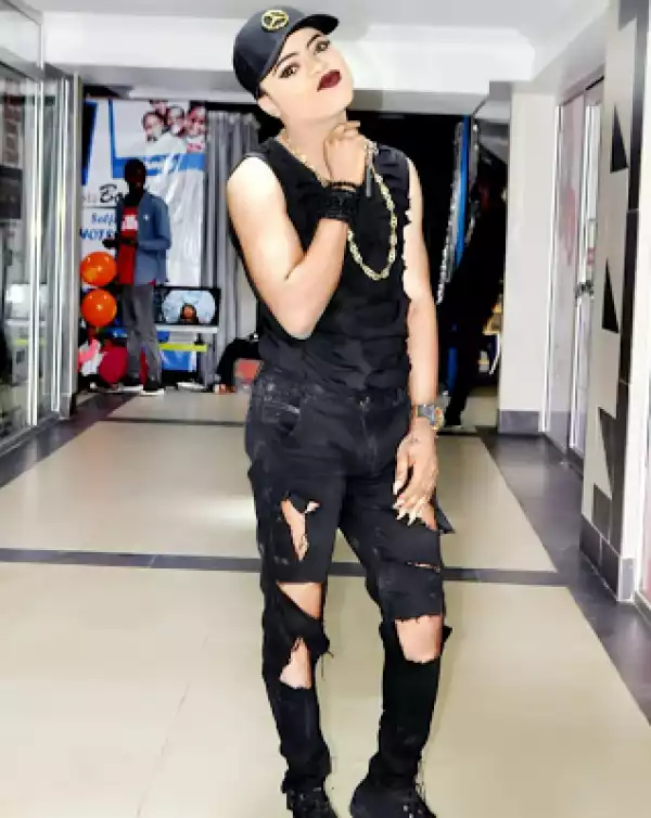 Nigerian Male Barbie & Bleaching Expert Bobrisky Shows Off His Ripped Denim Swag In New Photo